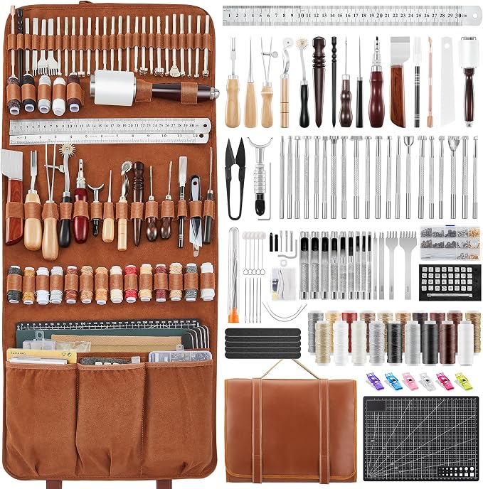 Full leather working toolkit parts layout showing storage case, thread, needles, punches, ruler and cutting mat.