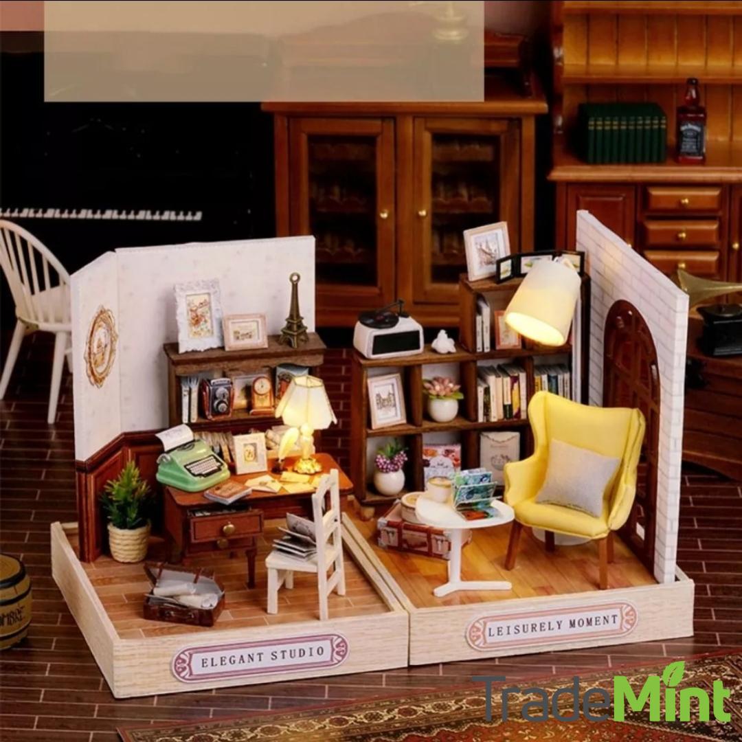 Elegant studio miniature dollhouse diy kit | cosy corner diorama with light | perfect gift for craft lovers