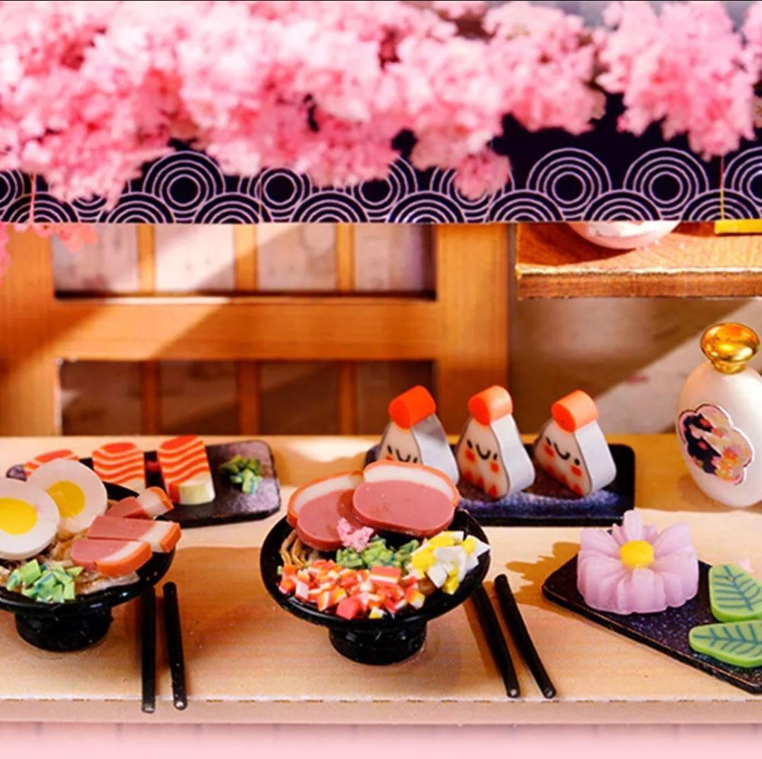 Sakura noodles shop miniature dollhouse diy kit | cosy corner diorama with light | perfect gift for craft lovers