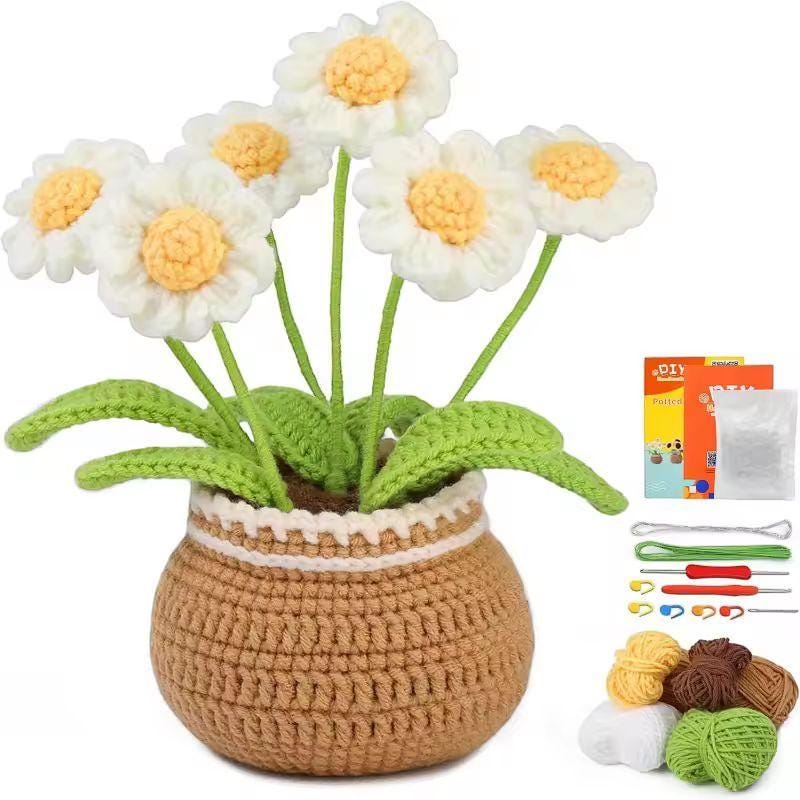 DIY Crochet Flower Kit – Beginner-Friendly Yarn Craft | Tulip, Daisy & Bluebell Crochet Set | Handmade Floral Home Decor
