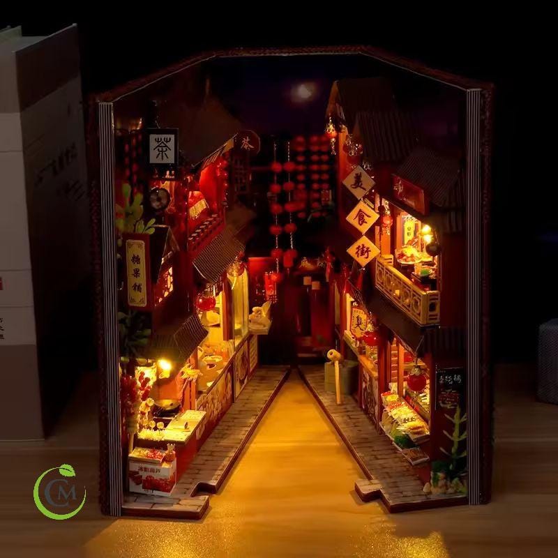 Retro Chinese Food Street DIY Wooden Book Nook Kit | Miniature Bookshelf Insert & Handmade Home Décor