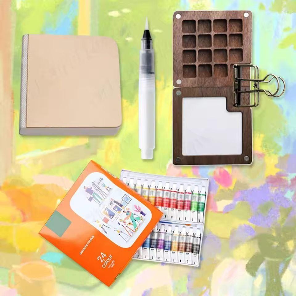 Mini Travel Watercolor Palette – 15 Grid Wooden Paint Box with Brush, Sketchbook & Clip | Portable Pocket Art Set for Artists