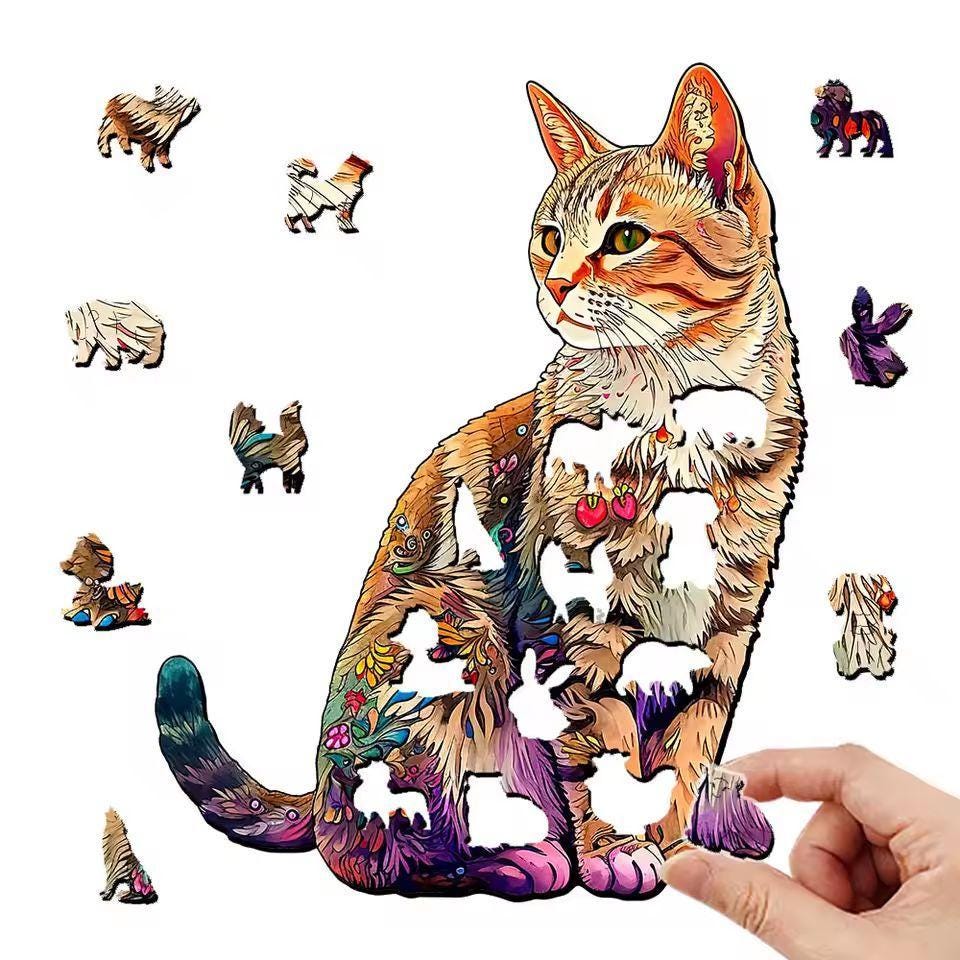 Cat Wooden Jigsaw Puzzle Gift | Animal Shaped Wooden Puzzle for Adults & Cat Lovers | Mindful Hobby | Unique Home Decor | Christmas Gift