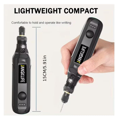 Black compact rotary engraving pen held in hand with 15 cm product length diagram.