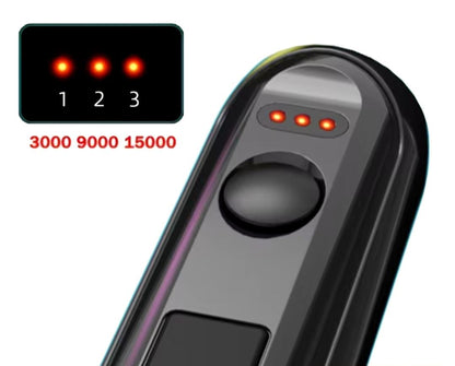 Rotary tool speed control close-up showing three LED settings labelled 3000, 9000 and 15000.