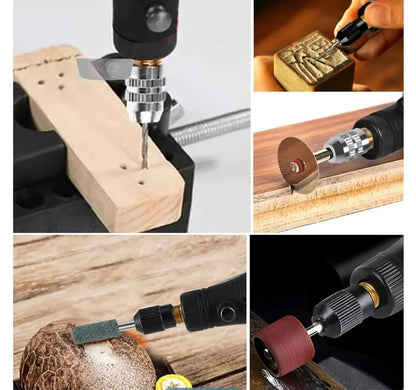 Collage of rotary tool drilling wood, engraving a block, sanding and cutting.