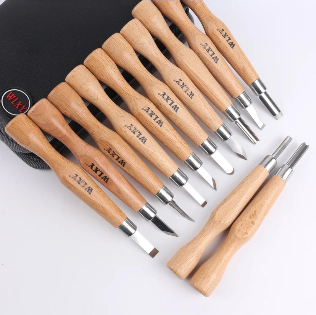 12 Piece Wooden Mini Carving Carver Hand Chisel Knife Kit Set Wood working Gouges Ideal for detailed carving Sculpture Carpentry Tool