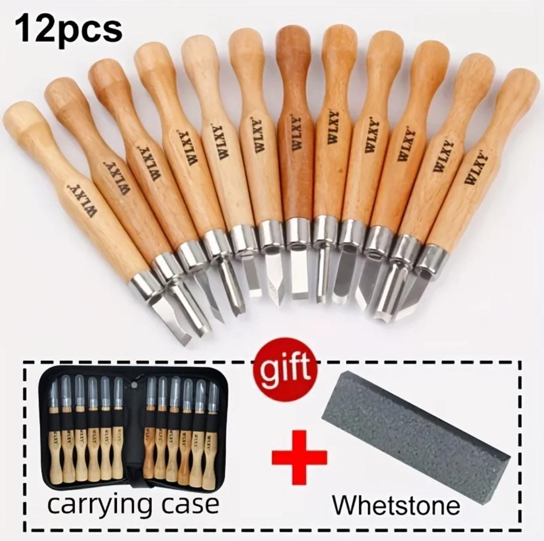 12 Piece Wooden Mini Carving Carver Hand Chisel Knife Kit Set Wood working Gouges Ideal for detailed carving Sculpture Carpentry Tool