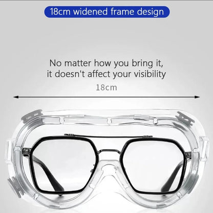 Clear protective goggles dimensions diagram showing an 18 cm wide frame worn over prescription glasses.