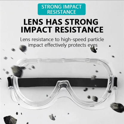 Clear safety goggles in a promotional impact-resistance graphic with flying fragments surrounding the lenses.