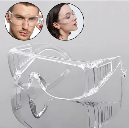 Clear wraparound safety glasses with vented side arms, with inset images of a man and woman wearing them.