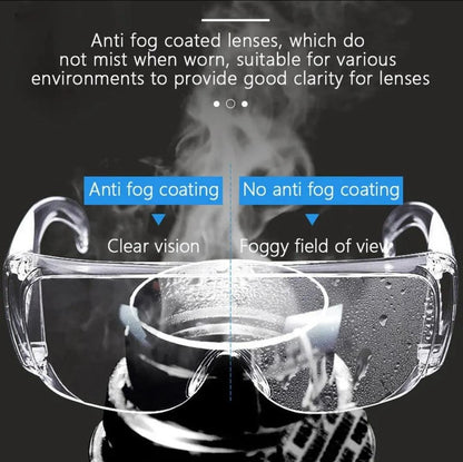 Clear safety glasses anti-fog comparison image showing one lens clear and another covered in moisture droplets.