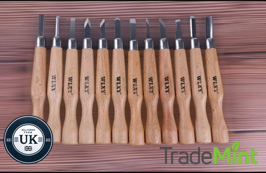 12 Piece Wooden Mini Carving Carver Hand Chisel Knife Kit Set Wood working Gouges Ideal for detailed carving Sculpture Carpentry Tool