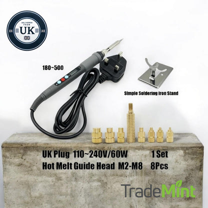 Adjustable temperature electric soldering iron kit with UK plug, metal stand and brass heat-set insert tips.
