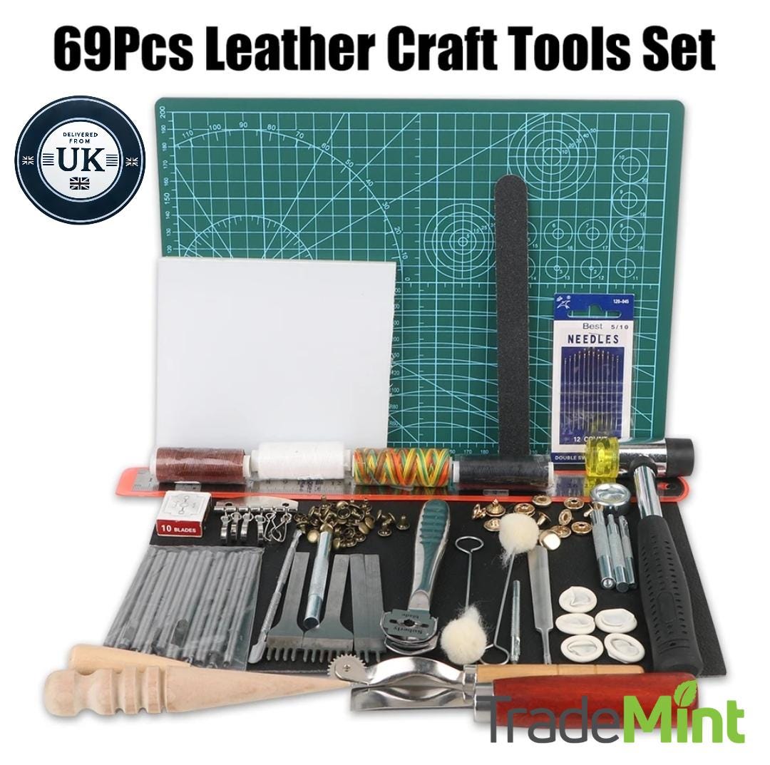 69-Piece Leather Craft Tools Set | Saddle Groover Kit for Stitching, Sewing, and Carving