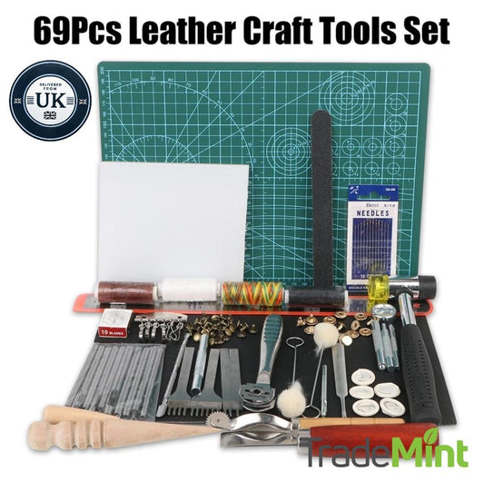 69-Piece Leather Craft Tools Set | Saddle Groover Kit for Stitching, Sewing, and Carving