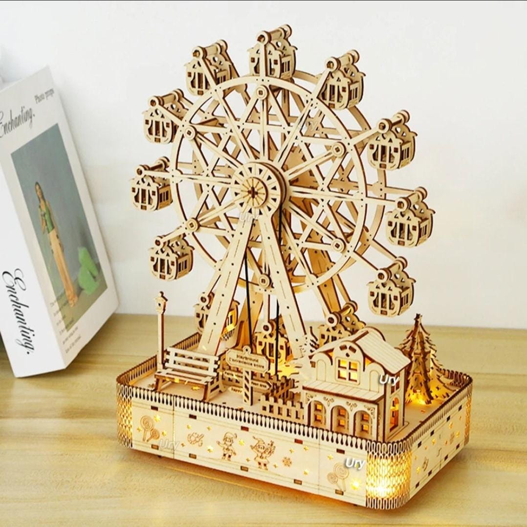 3D Wooden Puzzle Ferris Wheel Music Box | LED Rotatable Model Kit Gift for Kids & Adults