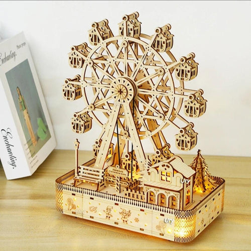 3D Wooden Puzzle Ferris Wheel Music Box | LED Rotatable Model Kit Gift for Kids & Adults