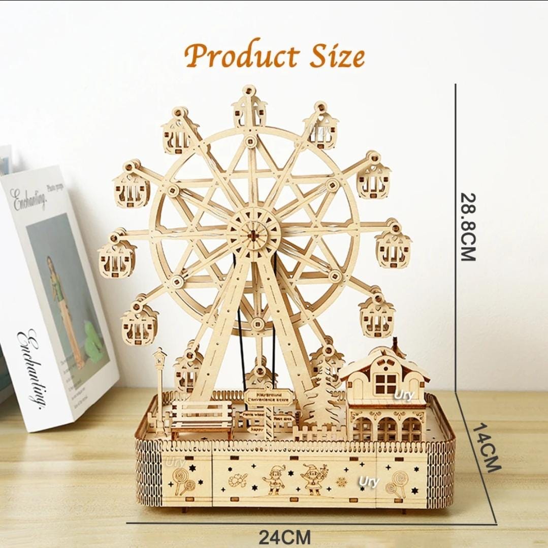 3D Wooden Puzzle Ferris Wheel Music Box | LED Rotatable Model Kit Gift for Kids & Adults