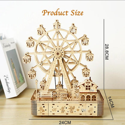 Wooden Ferris wheel puzzle size diagram showing 28.8 cm height, 24 cm width and 14 cm depth.