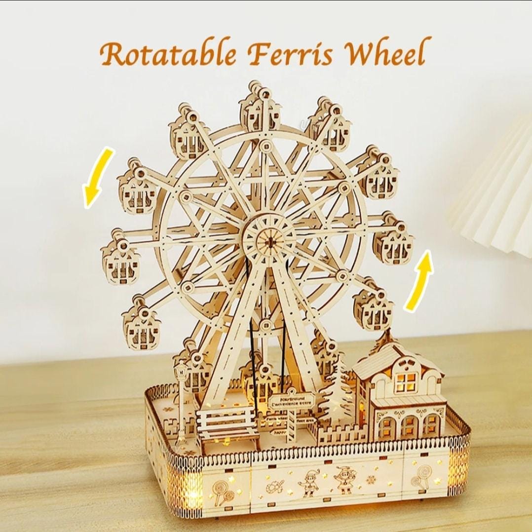 3D Wooden Puzzle Ferris Wheel Music Box | LED Rotatable Model Kit Gift for Kids & Adults