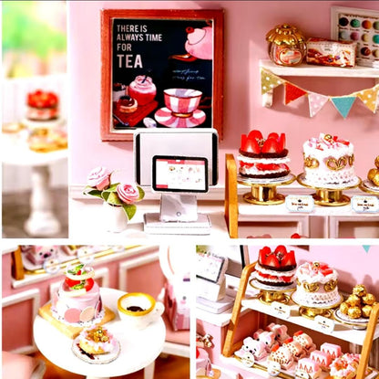 Close-up collage of pink miniature bakery with tiny pastries, cakes, cash register and tea poster.