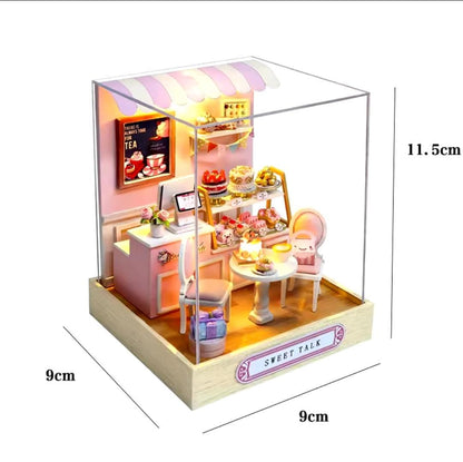 Sweet Talk miniature café size diagram showing 9 cm by 9 cm base and 11.5 cm height.