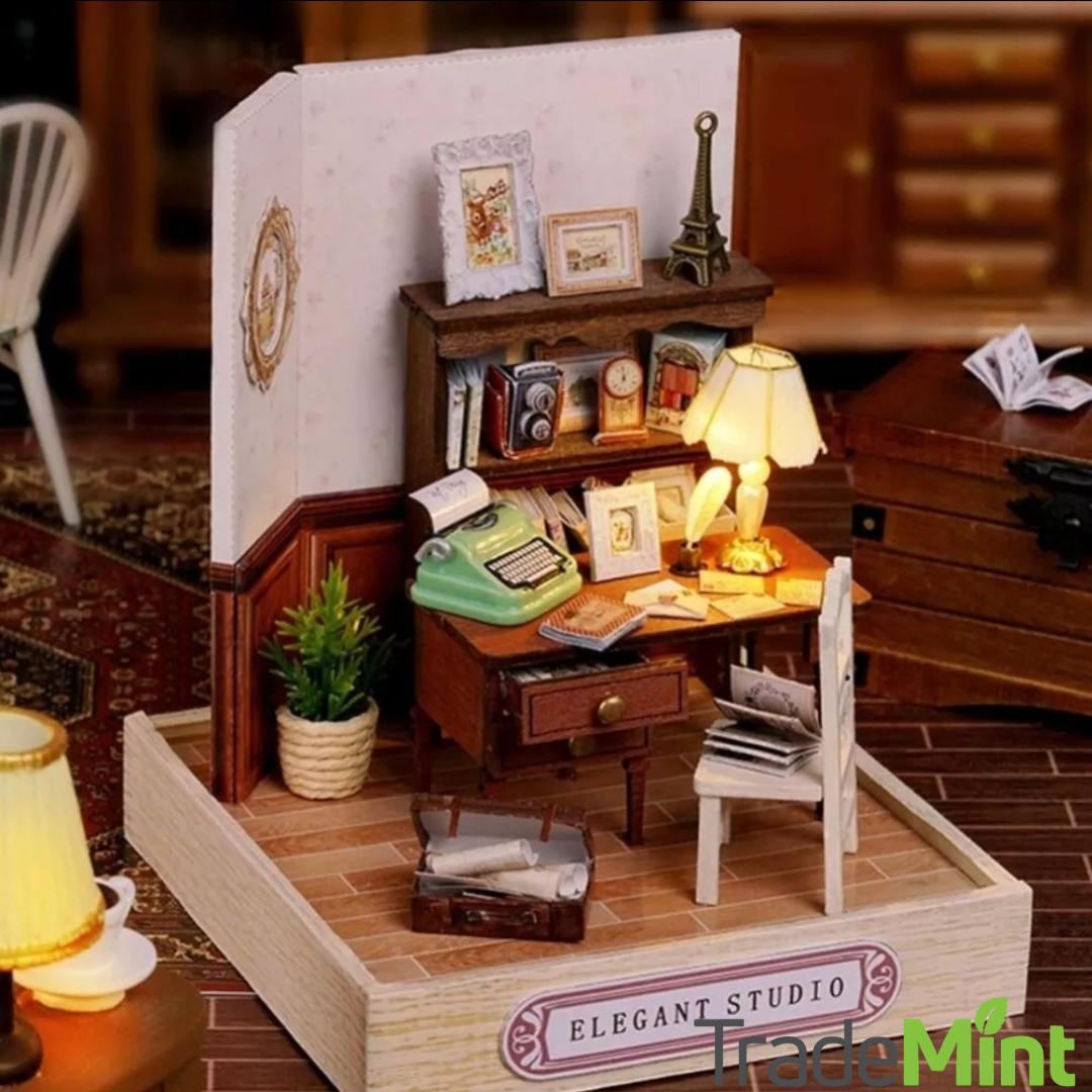Elegant studio miniature dollhouse diy kit | cosy corner diorama with light | perfect gift for craft lovers