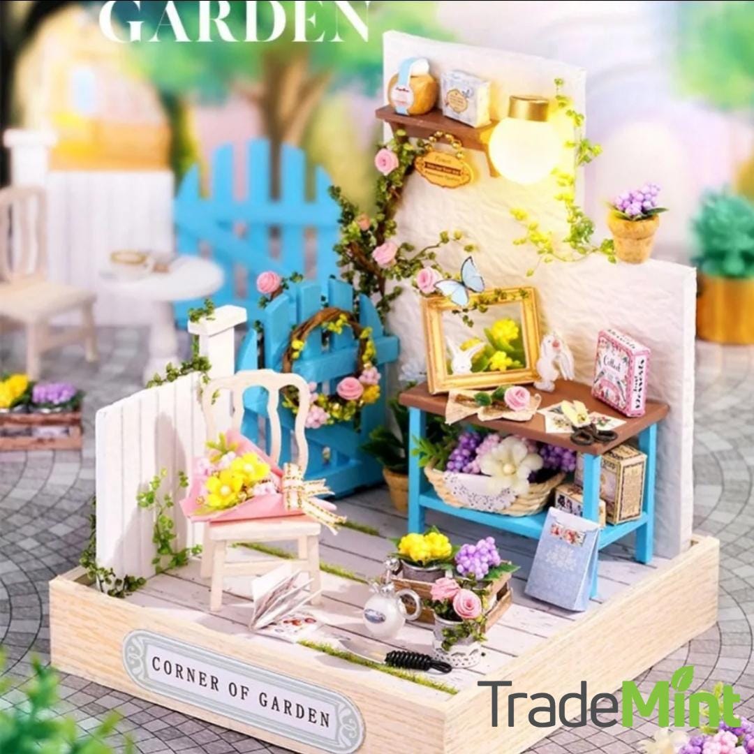 Corner of garden miniature dollhouse diy kit | cosy corner diorama with light | perfect gift for craft lovers