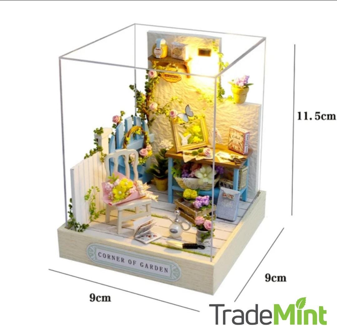 Corner of garden miniature dollhouse diy kit | cosy corner diorama with light | perfect gift for craft lovers