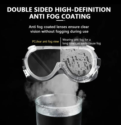 Anti-fog goggles demonstration graphic comparing a clear lens with a water-droplet-covered lens above steaming water.