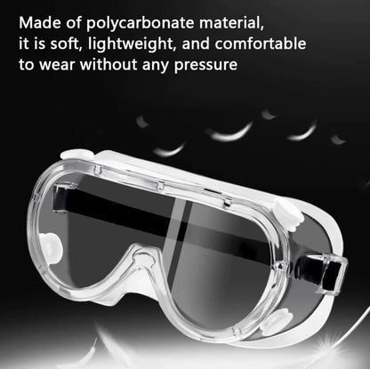 Clear wraparound goggles with black strap and flexible nose pads in a lightweight material product graphic.