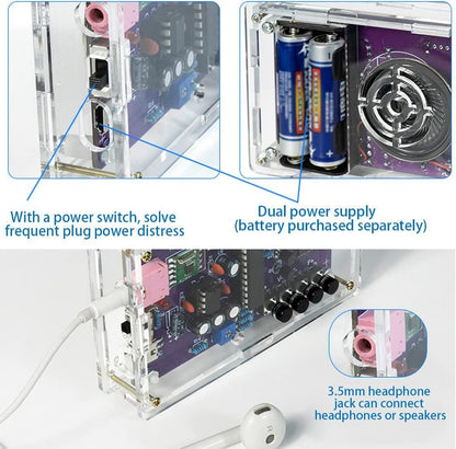 Radio kit port details showing power switch, battery compartment and 3.5 mm headphone connection.