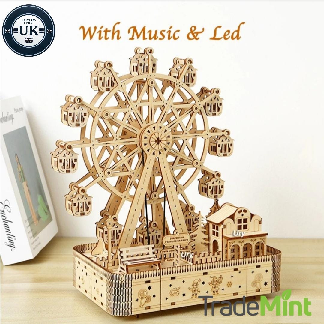 3D Wooden Puzzle Ferris Wheel Music Box | LED Rotatable Model Kit Gift for Kids & Adults