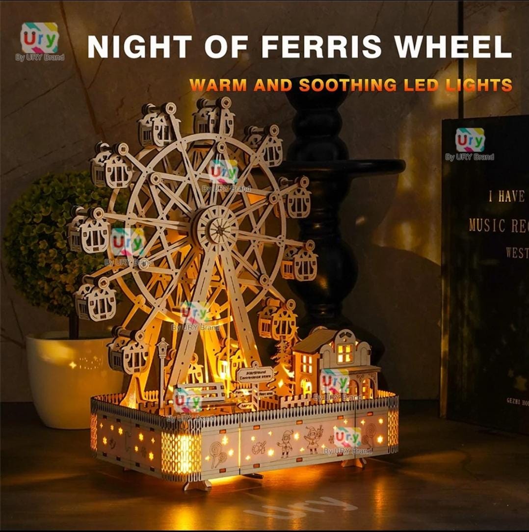 3D Wooden Puzzle Ferris Wheel Music Box | LED Rotatable Model Kit Gift for Kids & Adults