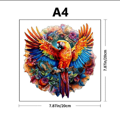 Parrot wooden jigsaw puzzle size A4 with multicoloured bird and flowers on white.