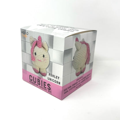 Ashley Unicorn crochet craft kit box printed with the finished cream and pink amigurumi unicorn.