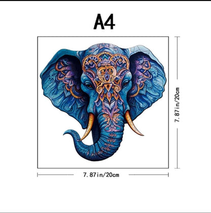 Medium A4 blue elephant wooden puzzle artwork with approximate 20 cm dimensions.