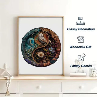 Wise Owl wooden puzzle framed on a shelf as decorative artwork and gift idea.