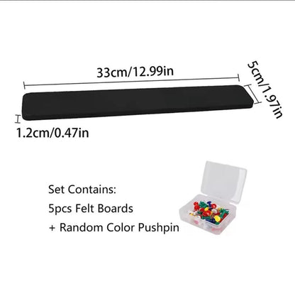 Felt memo board strip dimensions graphic showing a 33 cm long, 5 cm wide bar and included pushpins.