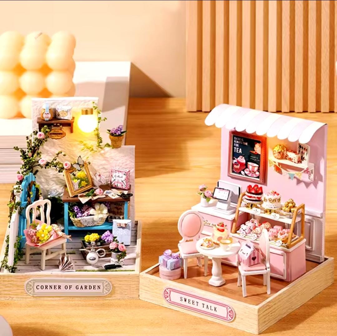 Sweet talk shop miniature dollhouse diy kit | cosy corner diorama with light | perfect gift for craft lovers