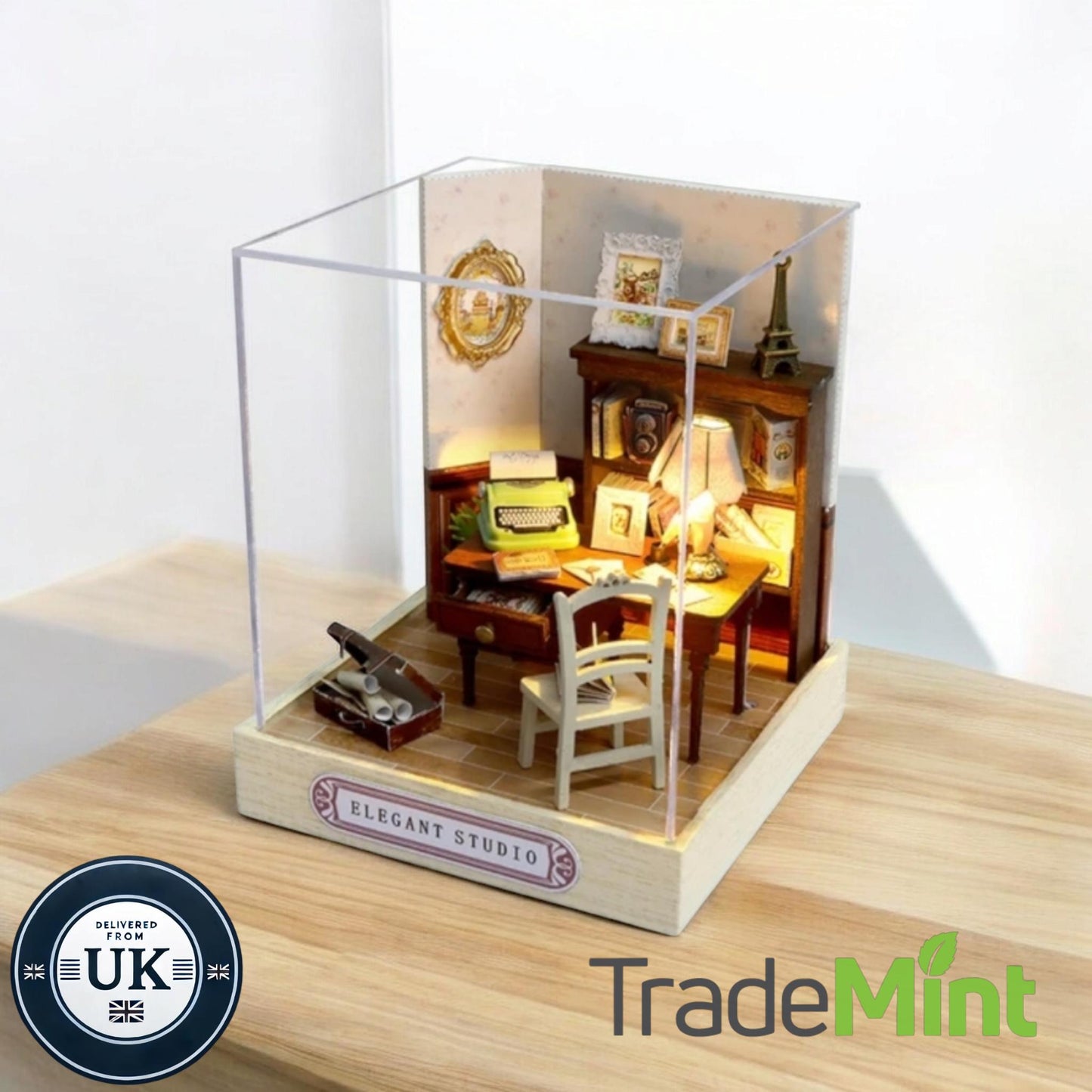 Elegant studio miniature dollhouse diy kit | cosy corner diorama with light | perfect gift for craft lovers