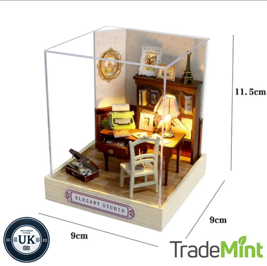 Elegant studio miniature dollhouse diy kit | cosy corner diorama with light | perfect gift for craft lovers