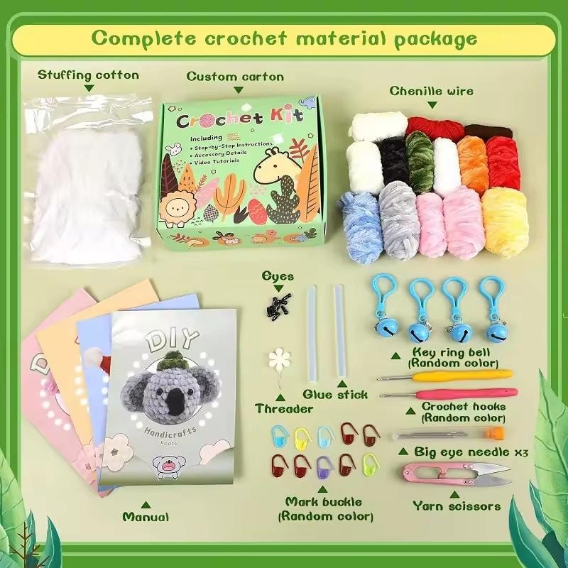 Animal crochet kit for beginners | amigurumi chick, bunny, penguin & koala | diy crochet gift for adults  kids
