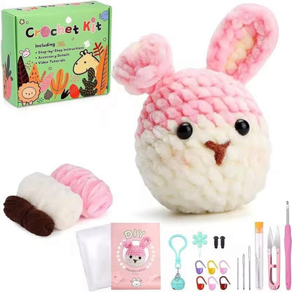 Pink and white crochet bunny with long ears, instruction booklet, wool yarn and tools.