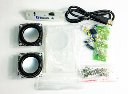 Unassembled Bluetooth dual speaker kit including two speaker drivers, clear case panels, USB cable and circuit parts.