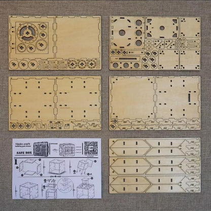Laser-cut wooden sheets and illustrated instruction manual for assembling a mechanical combination-lock puzzle box.