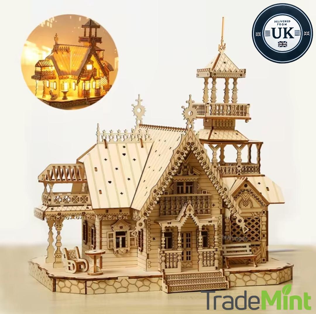 Diy wooden house 3d puzzle with lights | perfect for adults & teens | desk decoration and gift