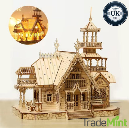 Ornate 3D wooden house puzzle with tower, steep roofs and miniature veranda, shown with illuminated version inset.