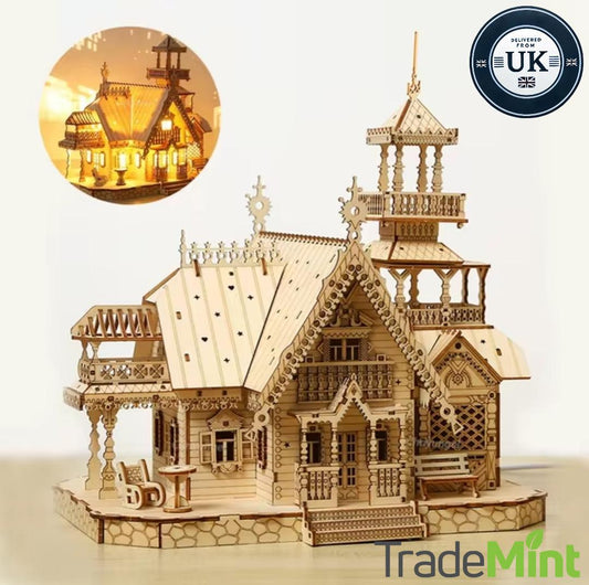 Diy wooden house 3d puzzle with lights | perfect for adults & teens | desk decoration and gift